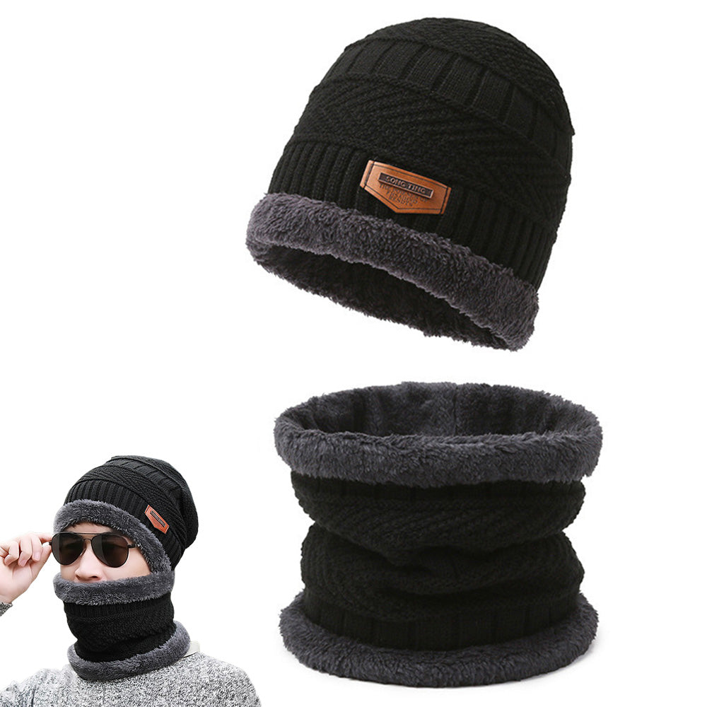 Uisex Beanie Cap Winter Knitted Hat Neck Warm Scarf Fleece Ski Accessories Black
