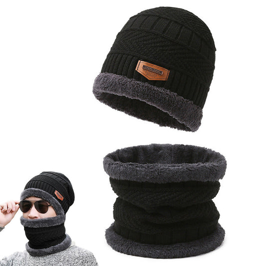 Uisex Beanie Cap Winter Knitted Hat Neck Warm Scarf Fleece Ski Accessories Black