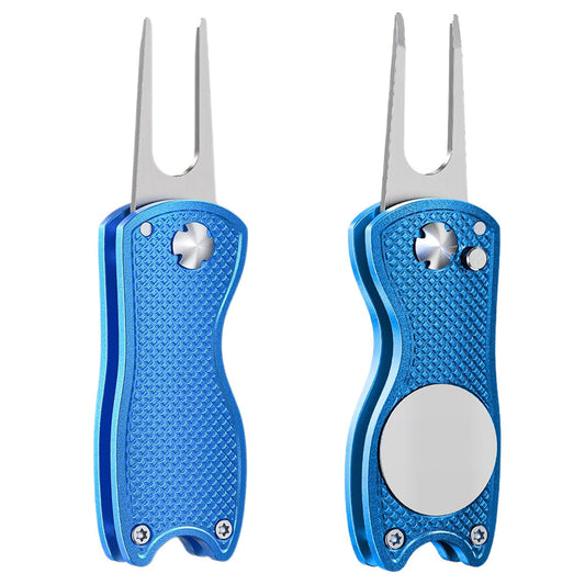 2PCS Magnetized Golf Divot Repair Tool with Pop-up Fork and Ball Marker Blue