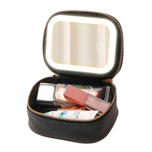Compact Makeup Bag Travel Case with Mirror and Adjustable Light Stylish for Travel Black