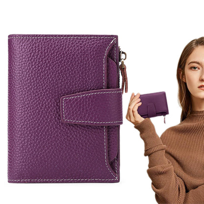 Genuine Leather Women's Wallet Short RFID Blocking Purse with Zipper Purple
