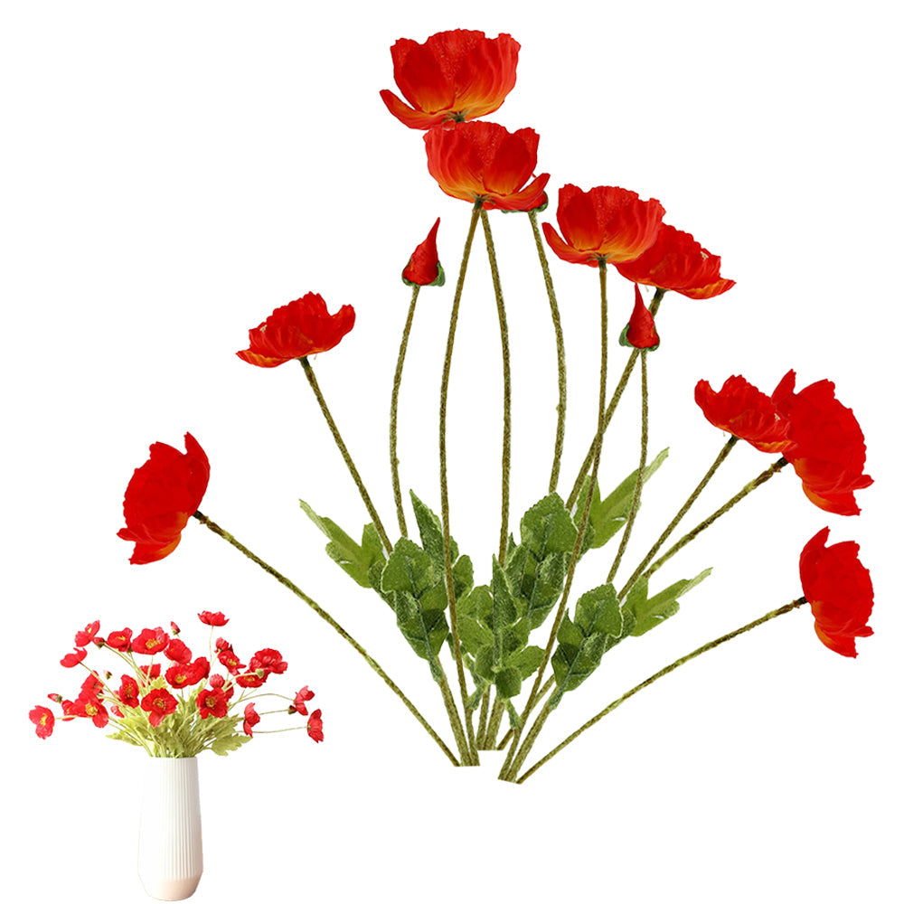 3Pcs 4-Head Artificial Corn Poppy Flowers Flocking Stem Bouquet Home Office Decor Red