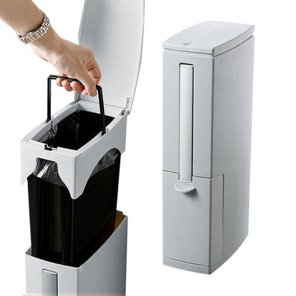 2-in-1 Slim Trash Can and Toilet Brush Set Bathroom Garbage Bin Wastebasket with Lid Gray