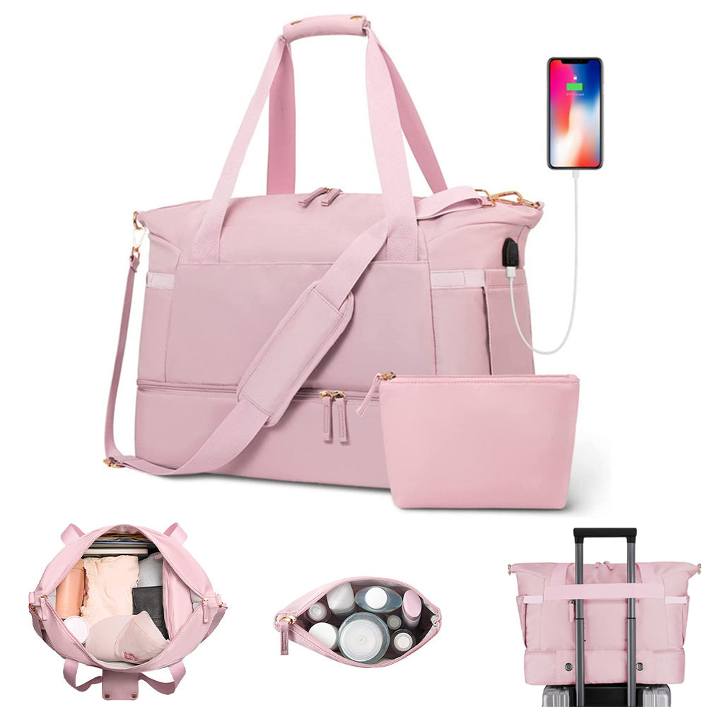 37L Women Fitness Travel Bag Waterproof USB Charging Carry-On Overnight Pink