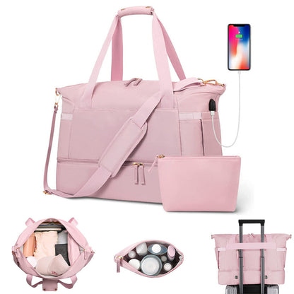 37L Women Fitness Travel Bag Waterproof USB Charging Carry-On Overnight Pink