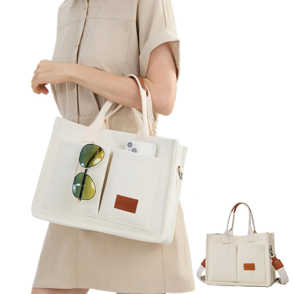 Canvas Tote Bag with Laptop Compartment Multi-Pocket Crossbody for Women Beige