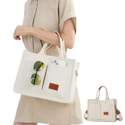 Canvas Tote Bag with Laptop Compartment Multi-Pocket Crossbody for Women Beige