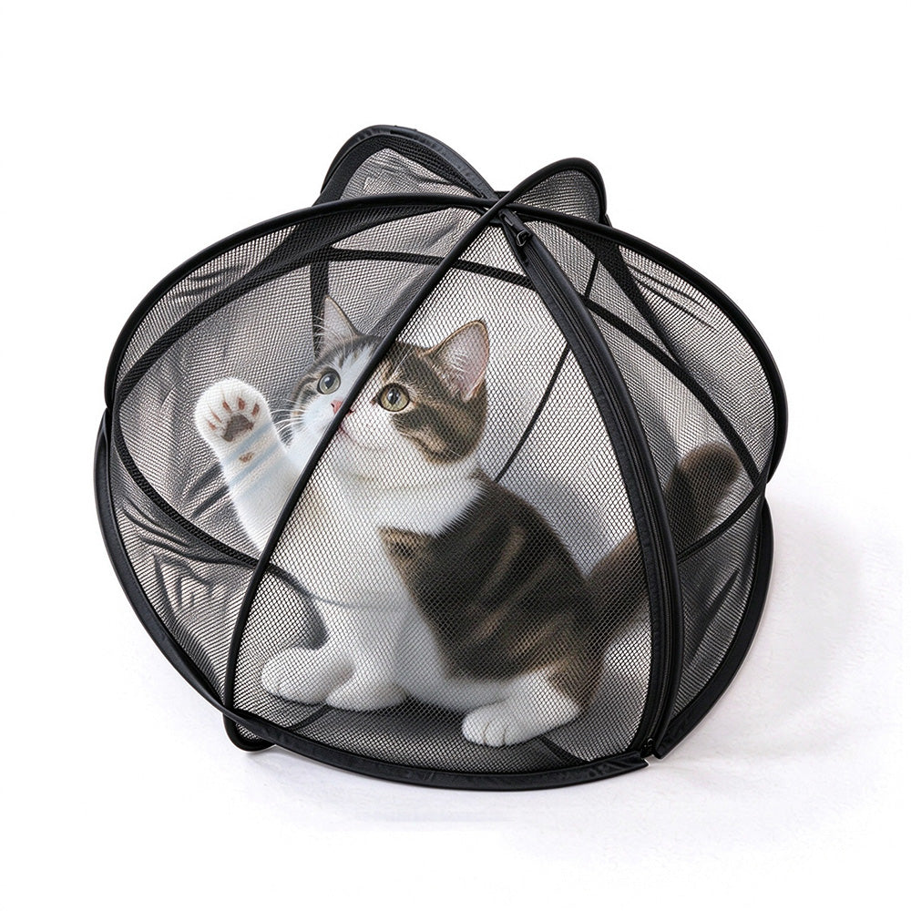 Foldable Pet Tent Bed Pop Up Mesh Enclosure for Cats Small Dogs Black 70cm