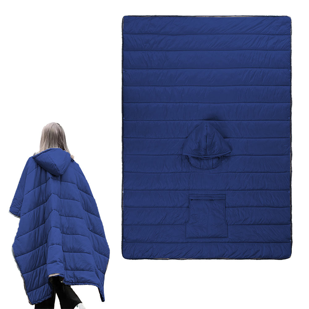 Camping Warm Cloak Cape Poncho Sleeping Bag Wearable Hooded Blanket for Hiking Fishing Outdoor Sport Dark Blue