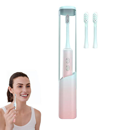Travel Electric Toothbrush Self-Cleaning Vibration Toothbrush with 2Pcs Replacement Brush Head and Disinfection Storage Case Pink Green Gradient