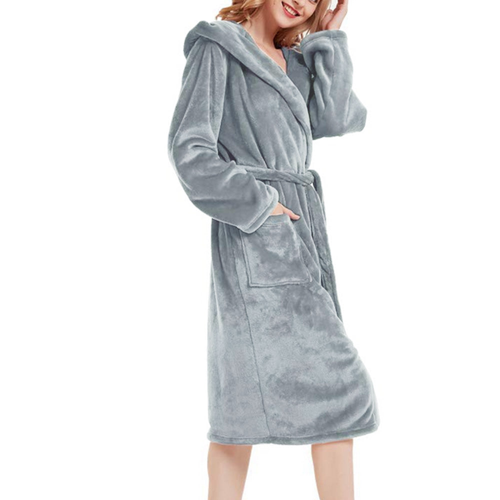 Warm Hooded Bathrobe Long Cozy Spa Hoodie Robes for Ladies Gray