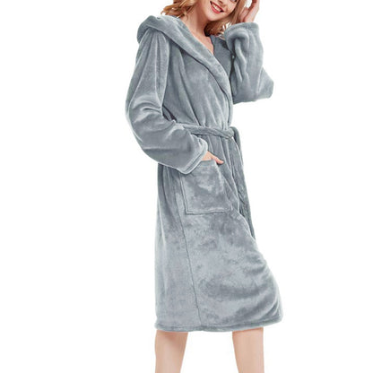 Warm Hooded Bathrobe Long Cozy Spa Hoodie Robes for Ladies Gray