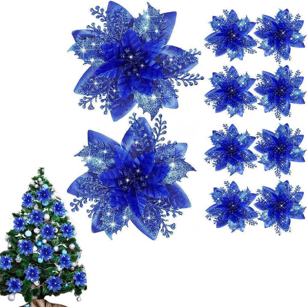 10Pcs Red and Gold Poinsettia Artificial Christmas Flowers ¨C Xmas Tree Ornaments Blue