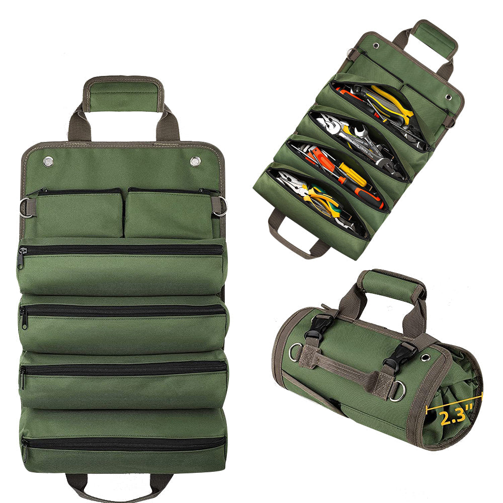 Portable Roll Up Tool Bag Hardware Repair Tool Organizer for Electrician Mechanic Green