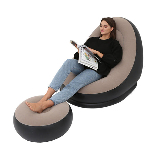 Inflatable Sofa Couch and Footrest Set Flocking Blow Up Couch Chair Set for Camping Balcony Bedroom Grey
