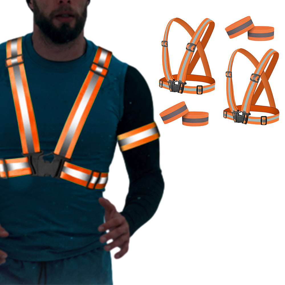 2Pcs Adjustable Reflective Vests and 4 Bands High-Visibility Elastic Gear for Night Running Cycling Orange