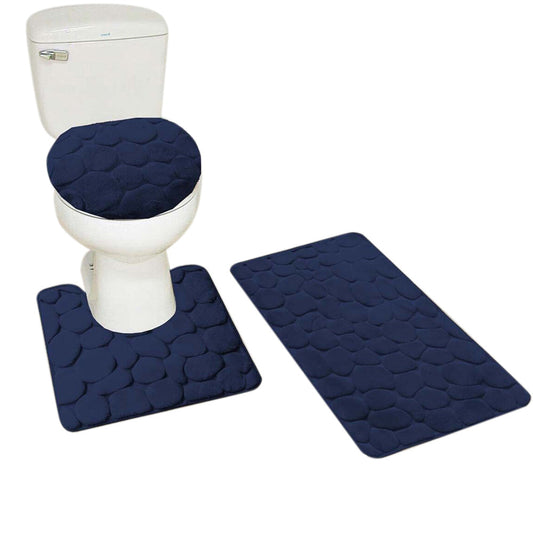 3 Piece Set Bathroom Mats Pebble Pattern Floor Mat Navy