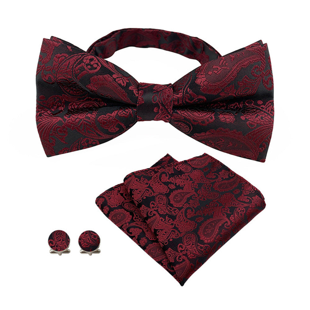 Men's Paisley Pre Tied Bow Tie Set 4-Piece with Pocket Square Cufflinks Red