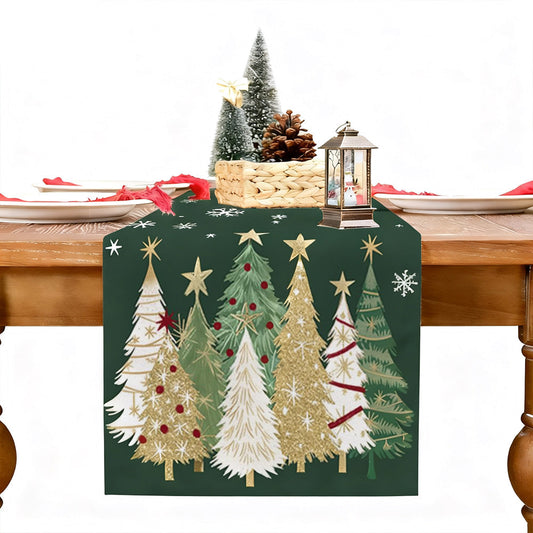 Christmas Table Runner with Xmas Trees Festive Tablecloth Cover for Kitchen Dinner Party Green
