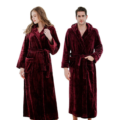 Unisex Winter Long Bathrobe Solid Warm Hooded Bath Robe for Lovers Dark Red