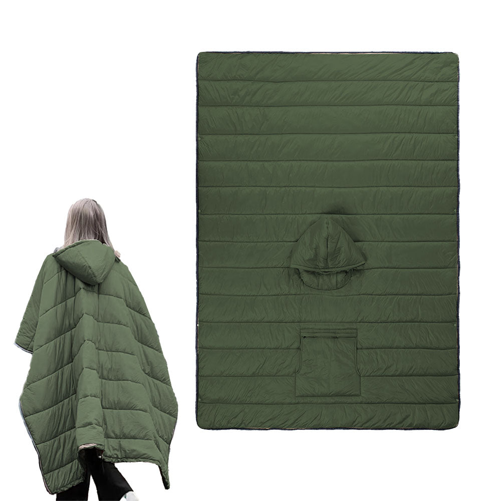 Camping Warm Cloak Cape Poncho Sleeping Bag Wearable Hooded Blanket for Hiking Fishing Outdoor Sport Green