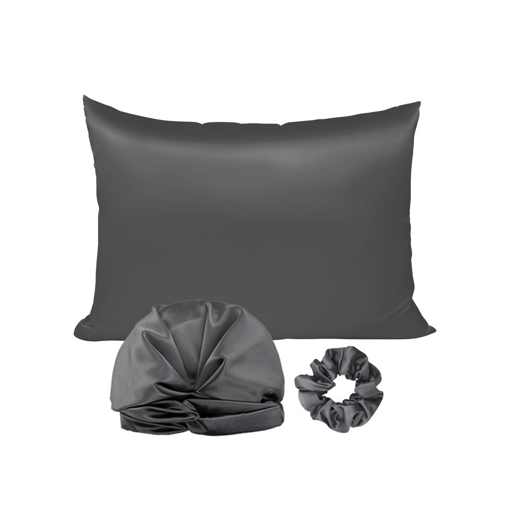 Simulated Silk Standard Pillow Case with Sleeping Bonnet Hair Scrunchy for Hair and Skin Protection Dark Gray