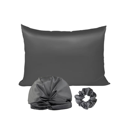 Simulated Silk Standard Pillow Case with Sleeping Bonnet Hair Scrunchy for Hair and Skin Protection Dark Gray