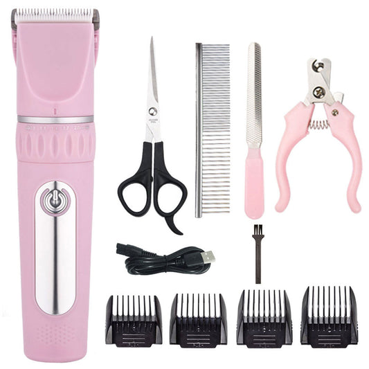 Electric Dog Cat Grooming Kit Cordless Pet Hair Shaver Scissors Clippers Trimmer Pink