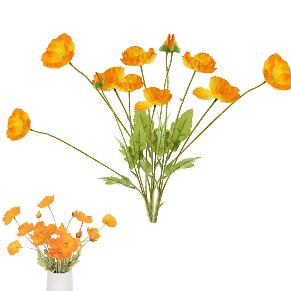 3Pcs 4-Head Artificial Corn Poppy Flowers Flocking Stem Bouquet Home Office Decor Orange
