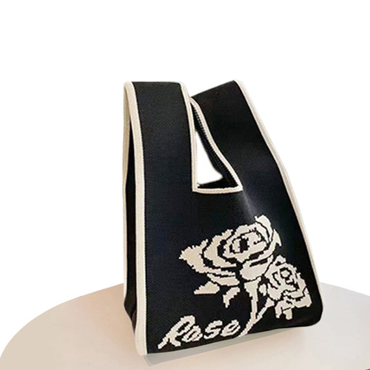 Hooking Tote Bag Small Cute Knot Wristlet Knitted Bag Knitted Wrist Purse Black Rose
