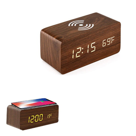 Dimmable Digital Alarm Clock with Wireless Charger Station for Home Office Brown