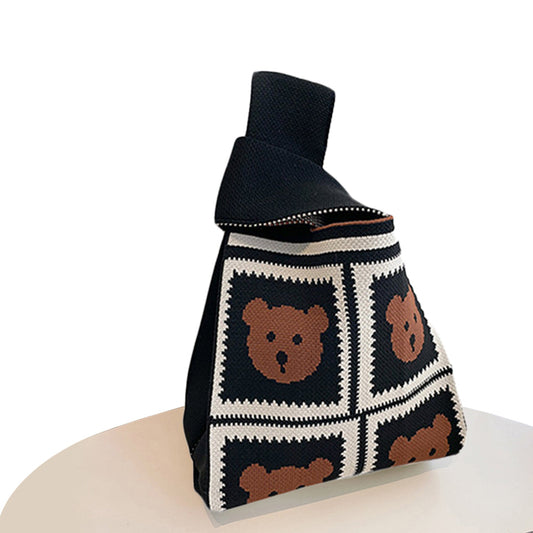 Hooking Tote Bag Small Cute Knot Wristlet Knitted Bag Knitted Wrist Purse Brown Bear