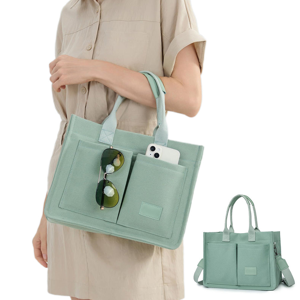 Canvas Tote Bag with Laptop Compartment Multi-Pocket Crossbody for Women Green