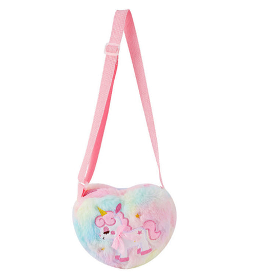 Cute Plush Unicorn Crossbody Bag Heart Shape Zipper Shoulder Bag for Girls Mixed Color