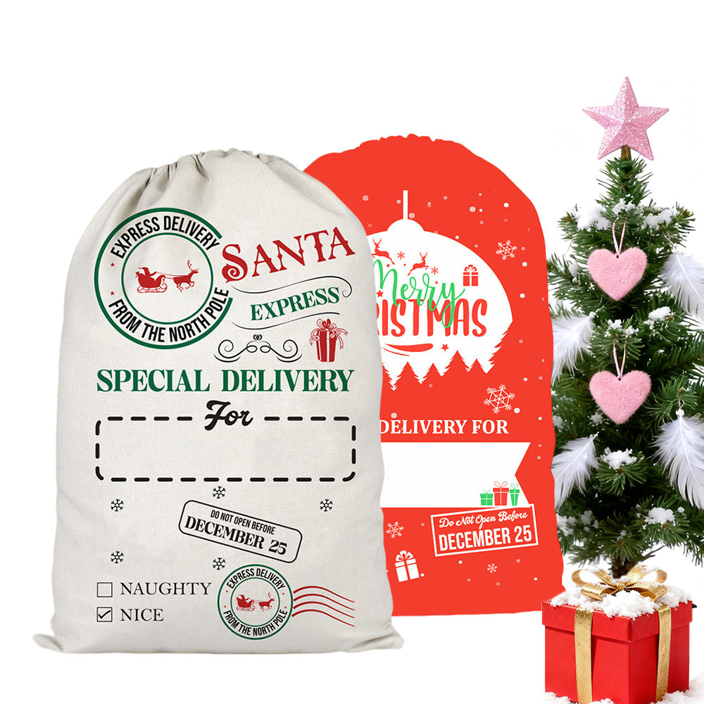 2Pcs Christmas Gift Canvas Bags Santa Sacks with Drawstring Closure Style 1