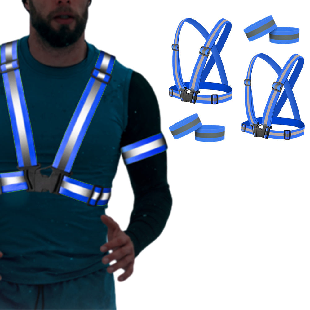 2Pcs Adjustable Reflective Vests and 4 Bands High-Visibility Elastic Gear for Night Running Cycling Blue