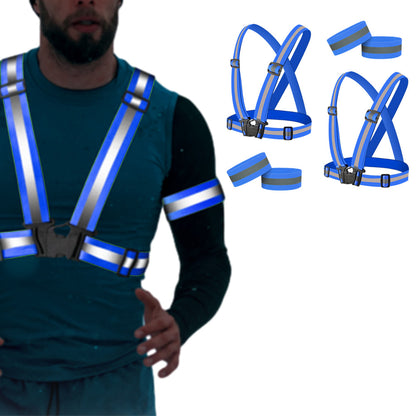 2Pcs Adjustable Reflective Vests and 4 Bands High-Visibility Elastic Gear for Night Running Cycling Blue