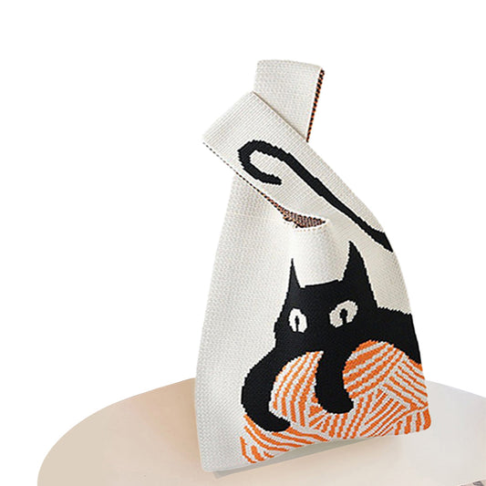 Hooking Tote Bag Small Cute Knot Wristlet Knitted Bag Knitted Wrist Purse Beige Cat