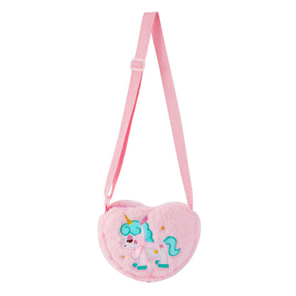 Cute Plush Unicorn Crossbody Bag Heart Shape Zipper Shoulder Bag for Girls Pink