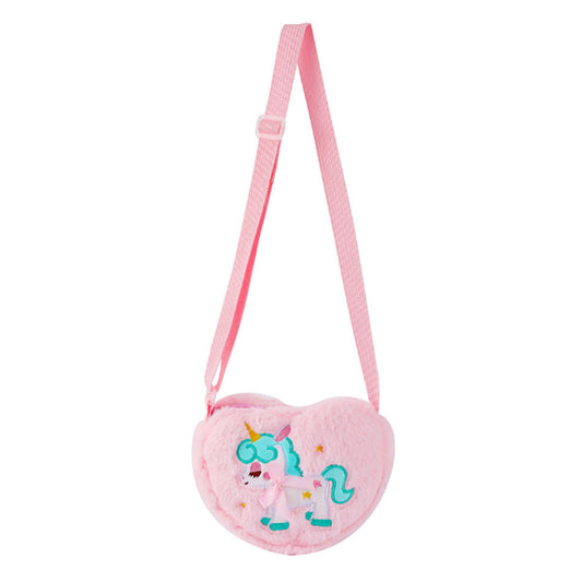 Cute Plush Unicorn Crossbody Bag Heart Shape Zipper Shoulder Bag for Girls Pink