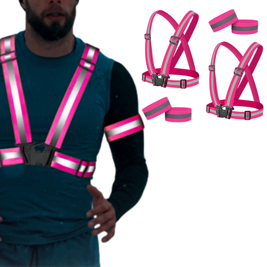 2Pcs Adjustable Reflective Vests and 4 Bands High-Visibility Elastic Gear for Night Running Cycling Pink