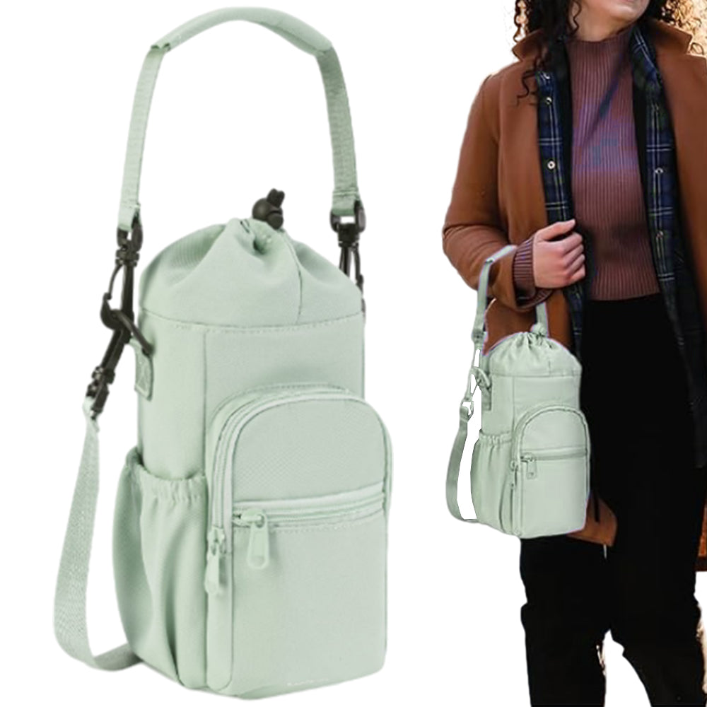 Multi-pocket Water Bottle Sleeve with Adjustable Strap Insulated Bottle Carrier Sling Bag for Walking Hiking Green