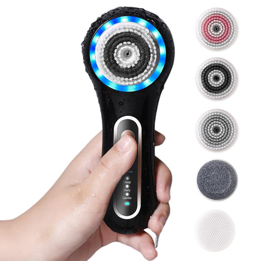 Electric Face Scrubber Exfoliator Rechargeable Facial Cleansing Brush with 5 Brush Heads for Skin Care