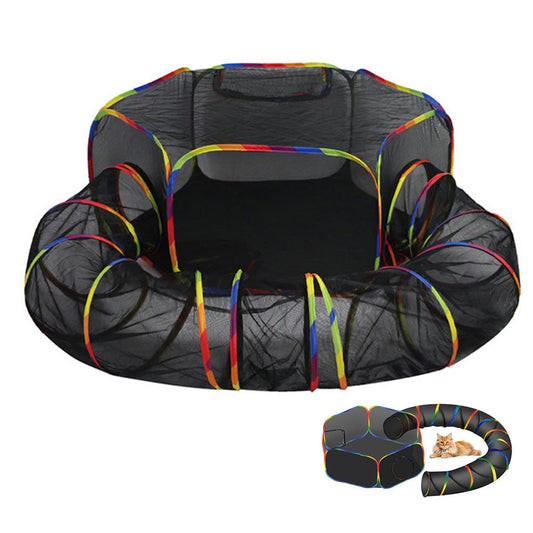 Outdoor Rainbow Cat Playpen ââ‚?Circular Enclosure with Tunnel & Catio
