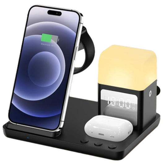 Wireless Charging Station with Alarm Clock Night Light 6-in-1 Charging Dock for Smartphone/Watch/Earbuds