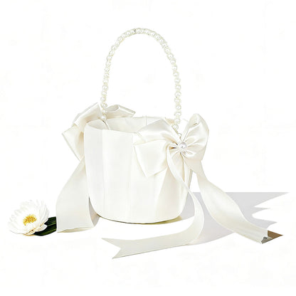 Wedding Flower Girl Basket ¨C Pearl Handle with Bowknot Satin Ribbon