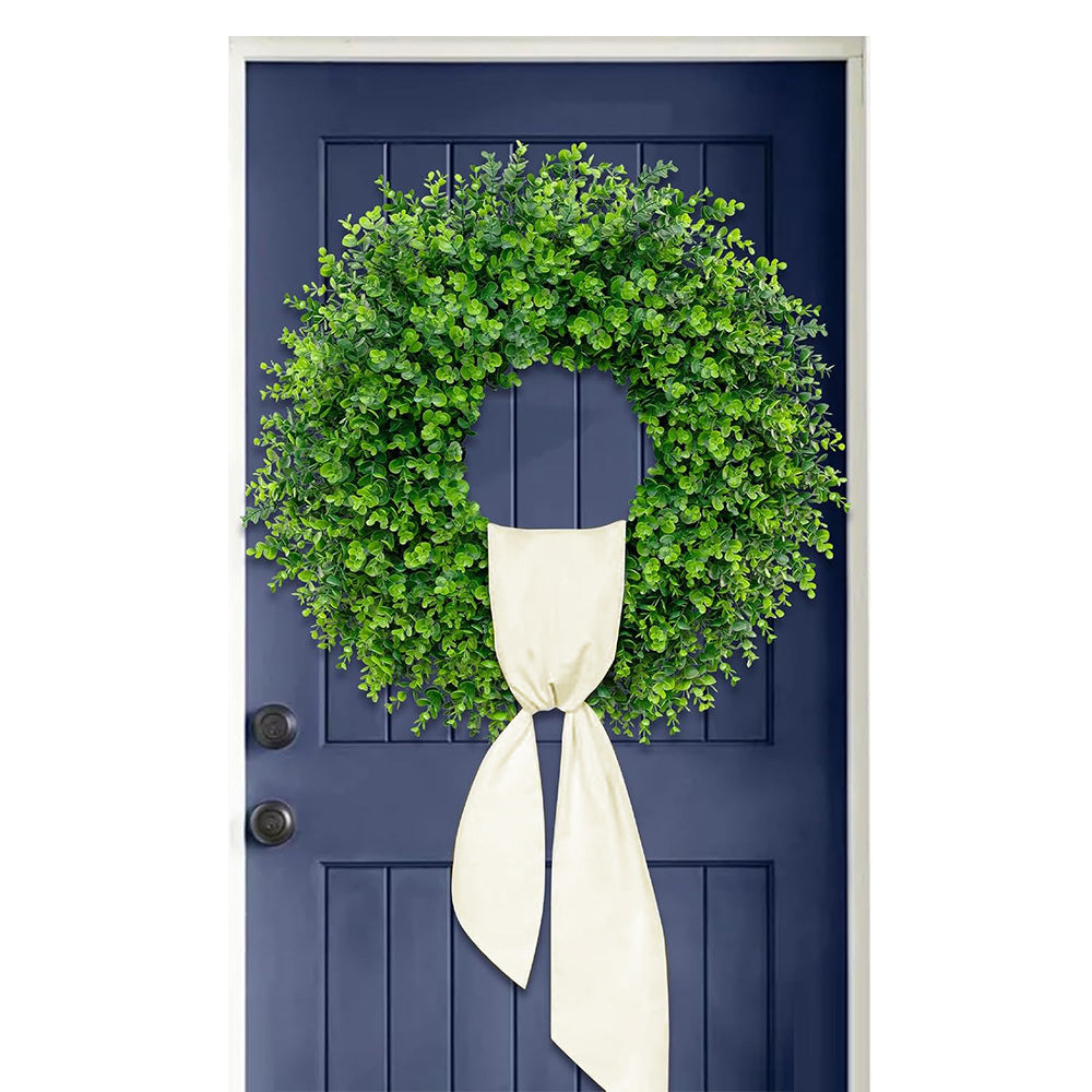 Foldable Artificial Green Leaf Wreath Faux Wreath Front Door Decor with Ribbon Sash