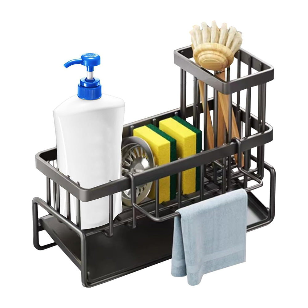 Multifunctional Carbon Steel Sink Caddy Sponge Brush Towel Organizer with Drip Tray