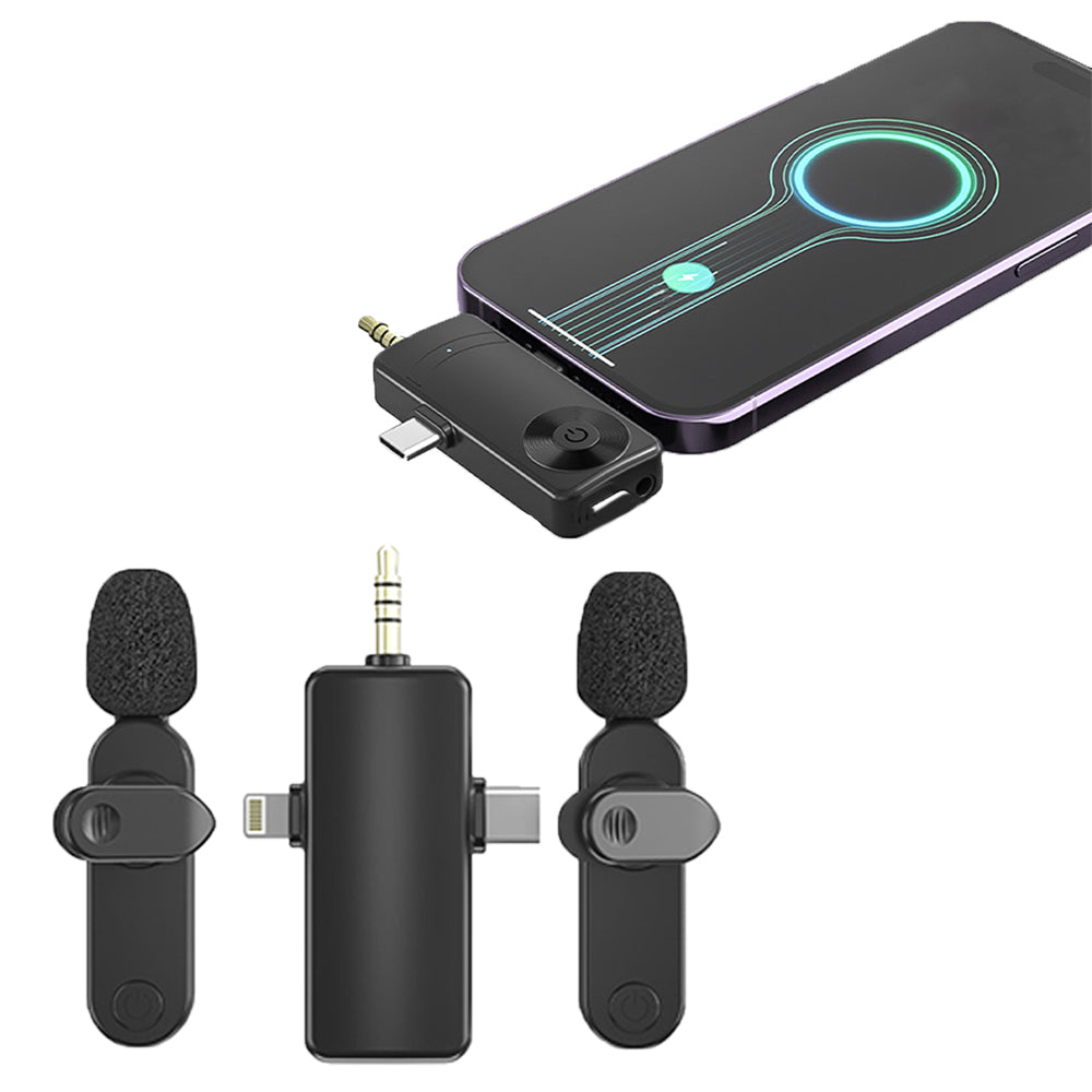 3-in-1 Wireless Lavalier Microphone for iPhone iPad Android Device Recording Live Streaming Vlog
