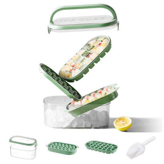 2-Tier Ice Cube Tray Mold with Press-Release Lid & Storage Box for Kitchen Fresh Green